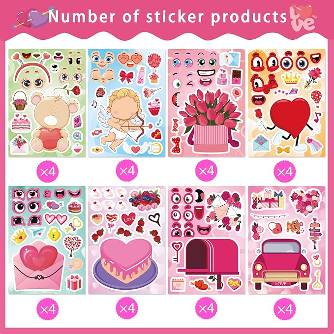 32 Sheets Valentine Stickers for Kids Toddlers, Make a Face Sticker Love Cake Bear Cupid Stickers for Kids Make Your Own Sticker Valentines Day Activities Party Favors