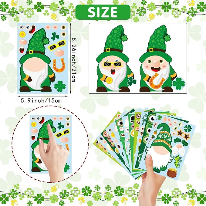 48 Sheets St. Patrick's Day Make a Face Stickers, Saint Patrick's Gnomes and Animals Crafts Stickers for Kids, Classroom Gifts and Party Favors Supplies