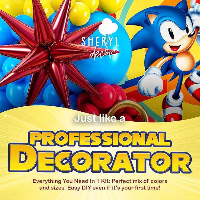 ALL-IN-1 Hedgehog Balloon Arch Kit with BONUS Rings & Starburst Balloons - Red Blue Yellow Balloons Garland for Cartoon Hedgehog Birthday Party Decorations & Party Supplies - Somic Party Decorations S