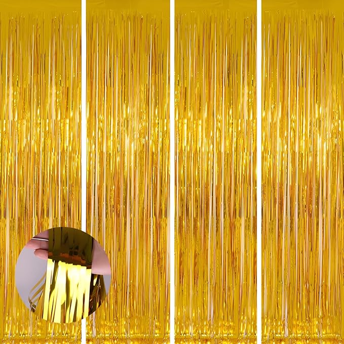 Valentines Day 4 Pack 3.3 * 8.3 ft Foil Curtain Metallic Tinsel Fringe Curtains Photo Booth Props Backdrop for Birthday Wedding Engagement Baby Shower Christmas Holiday Celebration Partyl,Gold