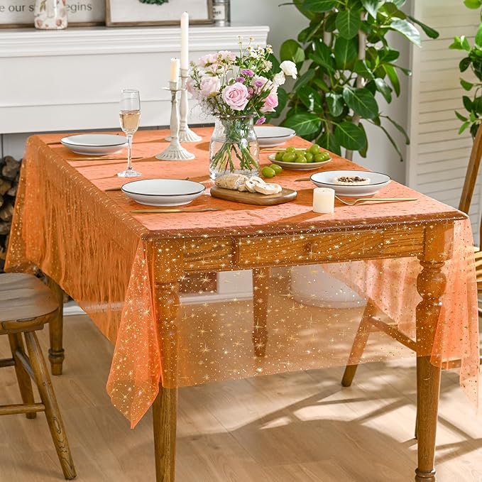 Horaldaily Orange Gold Sparkling Star Gauze Tablecloth 60x140 Inch Rectangular, Golden Star Sequin Glitter Metallic Foil, Sheer Tulle Cheesecloth for Wedding Baby Shower Party