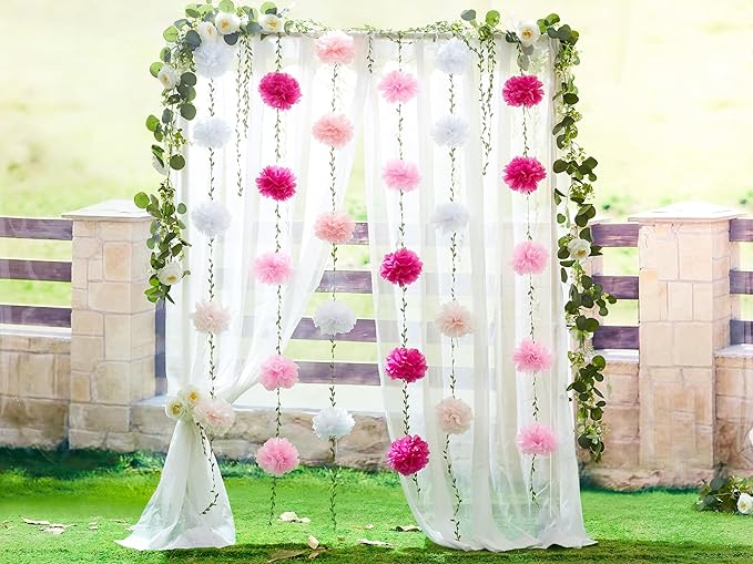 XIANNVXI Pink Tissue Paper Pom Pom Garlands Artificial Flowers Hanging Decorations 8.2ft Hanging Flowers Garland for Wedding Birthday Bridal Shower Party Spring Decorations 2PCS（Pink Gradient）