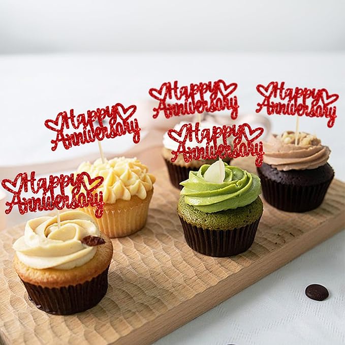 Gyufise 24Pcs Glitter Happy Anniversary Cupcake Toppers Anniversary Party Supplies Cake Decoration Wedding Celebration Party Decoration Supplies Red