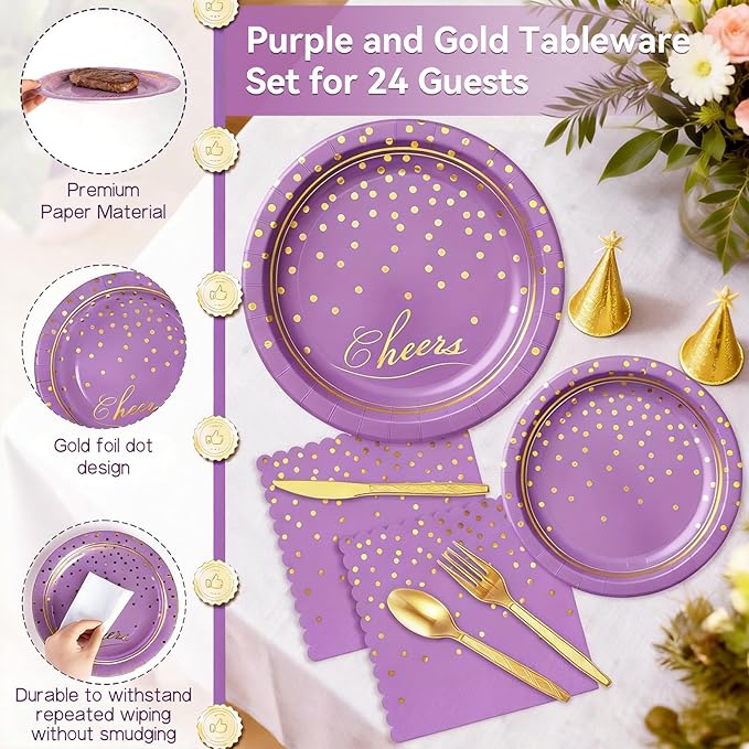 OuMuaMua Purple Gold Disposable Plates Party Supplies for 24 Guests, 168 Pcs Purple Plates, Cups and Napkins with Utensils Set for Birthday Baby Shower Graduation Lavender Party Decorations