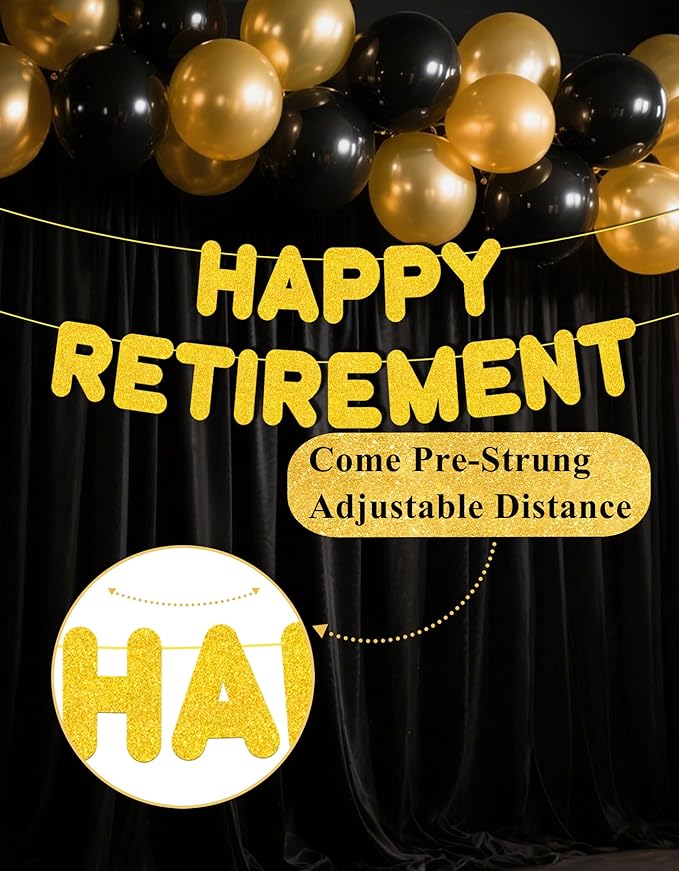 Gold Retirement Party Decorations, Pre Strung Happy Retirement Banner & Cake Topper Kit for Men Women, Ready to Hang