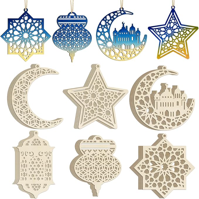 36PCS Wooden Ramadan Decorations Eid Islam Mubarak Ornaments Mubarak Hanging Hollow Pendant to Paint, DIY Blank Unfinished Wood Moon Cutouts Crafts Hanging Al Adha Star Lantern for Muslim Festive