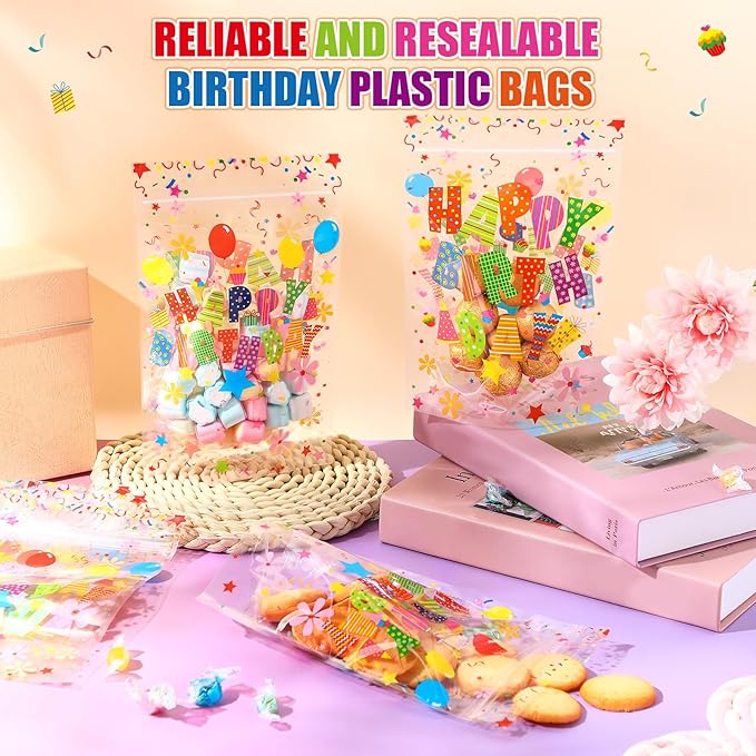 Fuutreo 50 Pcs Happy Birthday Bags Plastic Birthday Sealed Pouches Resealable Colorful Balloons Bags Party Favor Pouches for Home Candy Small Gift Party Wrapping Supplies Decoration