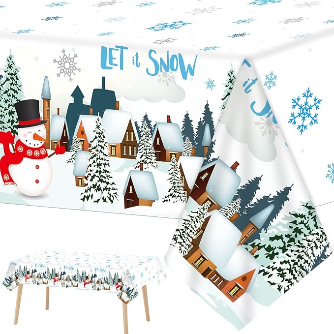 Tevxj 3 Pieces Winter Snowflake Plastic Tablecloth Christmas Holiday Party Plastic Table Covers Let's it Snow Snowman Theme Baby Shower Birthday Home Party Decorations Supplies 54X108inch