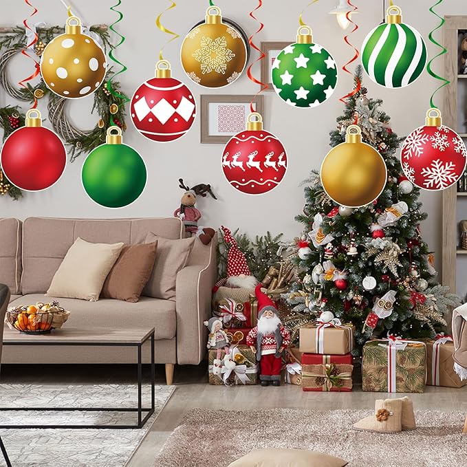 YQUQWN 48 Pcs Christmas Hanging Swirl Decorations - Red, Green, Gold Snowflake Elk Balls Swirls for Holiday Parties Christmas Tree Home Office Classroom - Xmas Winter Holiday Ceiling Decor