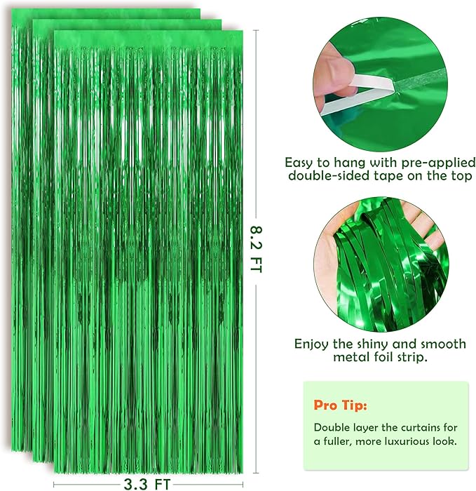 Green Tinsel Backdrop Curtains - 2 Pack Metallic Foil Fringe Streamers Photo Backdrop for Birthday Dinosaur Animal Football Golf Theme Party Decorations Wall Decor