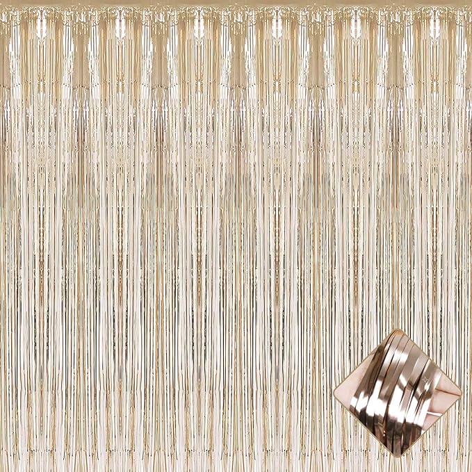 4 Pack 3.3Ft x 6.6Ft Champagne Gold Foil Fringe Curtain Backdrop, Metallic Tinsel Foil Fringe Streamers Curtains Background for Photo Booth, Birthday, Wedding, Valentine's Day Party Decoration