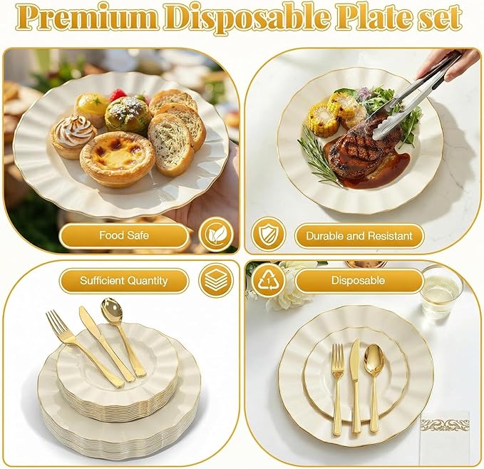 175 Piece Plastic Dinnerware Set Disposable Dinnerware Set for 25 Guests Include 50 Plastic Plates 25 Silverware Set 25 Cups and 25 Napkins for Easter Party Wedding Birthday（White and Gold）