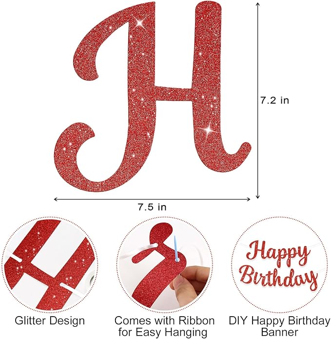 Glitter Happy Birthday Banner Sign Birthday Garland Wall Door Banners Flag for Women Men Boys Girls Party Backdrop Decorations Red