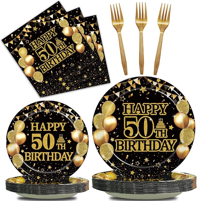 96Pcs 50th Birthday Party Tableware Set, Back in 1976 Birthday Party Decorations Supplies for Men Women Cheers to 50 Years Disposable Paper Plates Napkins Forks Favors, Serve 24