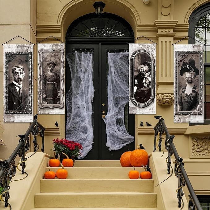 Panelee 4 Pcs Halloween Gothic Banner 3D Changing Face Moving Portrait Banner Decorations Halloween Horror Scary Porch Sign Backdrop for Indoor Outdoor Haunted Wall Hanging Decor