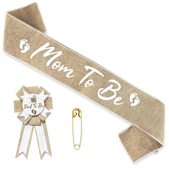 Mom to Be Sash Baby Shower - Stylish Baby Shower Sash & Dad to Be Pin, Elegant Boho Style, Tear & Stain Resistant Burlap & Adjustable Pin - Universal Accessories for Boy & Girl Gender Reveal Parties