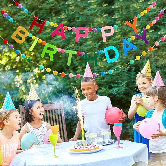 Breling 3 Pieces Happy Birthday Felt Garlands 10ft Colorful Pompom Ball Garland Birthday Party Decorations for Wall, Mantle Fireplace, Hanging Decor