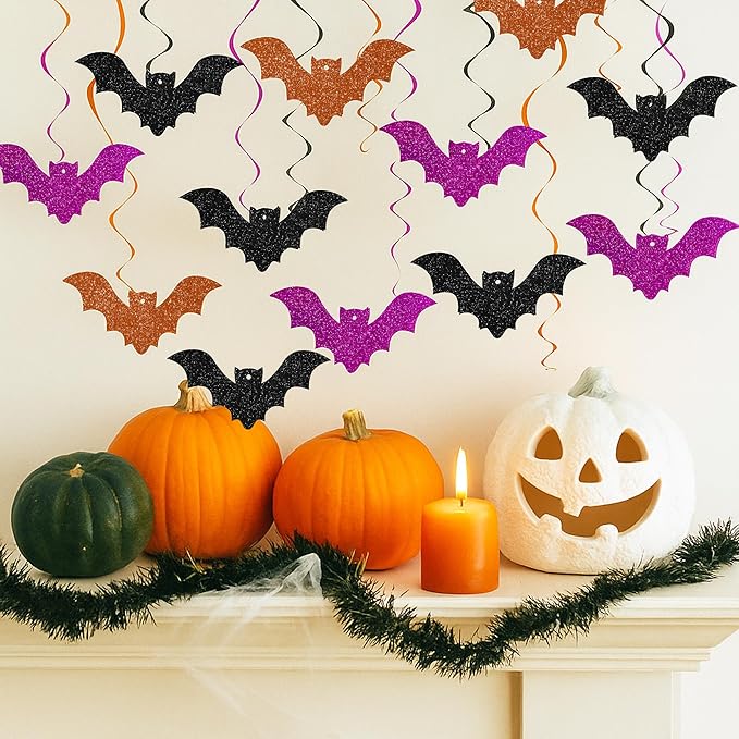 BEISHIDA Halloween Hanging Swirls Decorations, 16PCS Hanging Bats with 3 Color Swirls, Theme Party Decor for Indoor Halloween & Birthday Parties