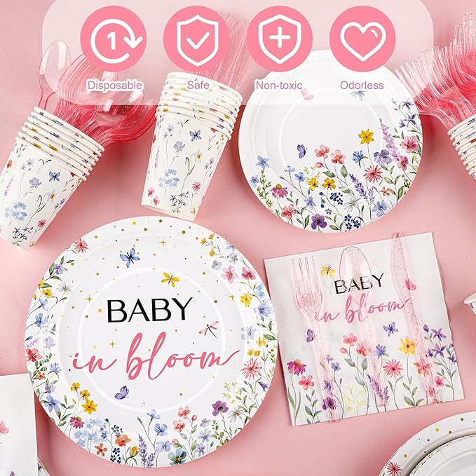 Kochorie 175 Pieces Wildflower Spring Floral Party Supplies Baby in Bloom Tableware Set 7 Inch & 9 Inch Paper Plates Napkins Cups Cutlery for Spring Picnic Baby Shower Decoration, Serve 25 Guests