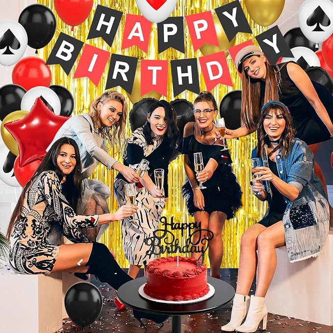 Casino Theme Party Decorations for Men Women, Casino Birthday Decorations with Poker Balloons 'HAPPY BIRTHDAY' Banner Cake Topper Star Foil Balloons Fringe Curtain for Las Vegas Game Night Party Decor