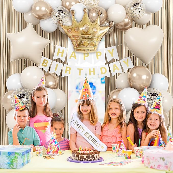Birthday Decorations for Women, Champagne Gold Birthday Decortion White Beige Neutral Cream Gold Latex Balloons Banner Fringe Curtain for Women Girls Boho Party Supplies