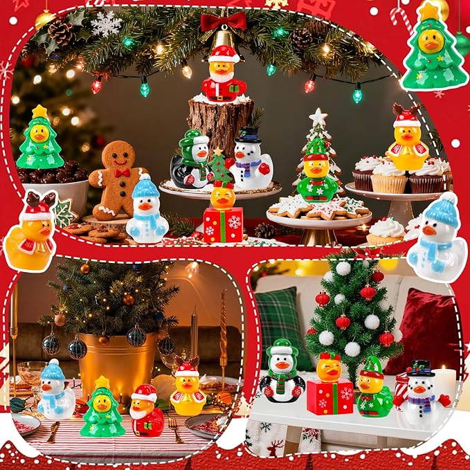 120Pcs Christmas Mini Ducks 8 Style Miniature Resin Ducks Bulk Xmas Tree Snowman Santa Reindeer Elf Gift Box Duck Figurines for Christmas Holiday Party Gifts Stocking Fillers Dollhouse Decorations