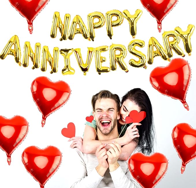 Happy Anniversary Balloons - 16 Inch Gold Anniversary Letters Banner & 18 Inch Heart Balloons, Perfect for Room Wedding or Party Decor
