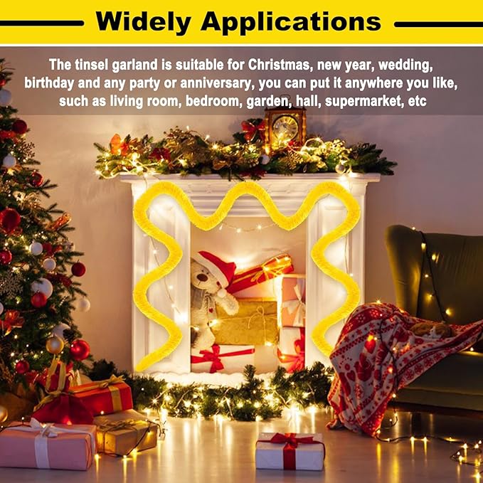 25 Feet Christmas Tinsel Garland, Metallic Twist Garland Wall Hanging Tinsel Garland Backdrop for Parade Floats, Carnival, Birthday, Wedding, New Year Party Decorations (Macaron Yellow, 4in x 25ft)