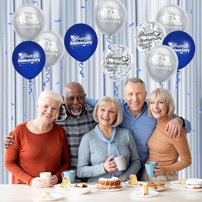 Happy Anniversary Balloons 18Pcs Blue Silver Party Decorations for Women Men 12Inch Metallic Confetti Balloons for Indoor Outdoor Party Supplies
