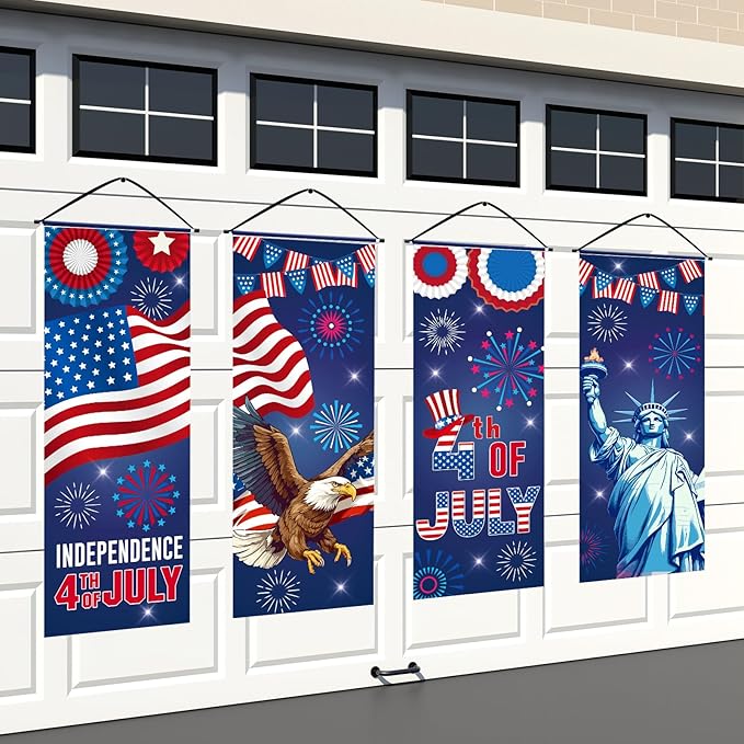 Panelee 4 Pcs 4th of July Decorations Patriotic American Flag Eagle Porch Banner Independence Day Hanging Banner Porch Signs for Independence Memorial Veterans Day Wall Indoor Outdoor Decor(Patriotic)
