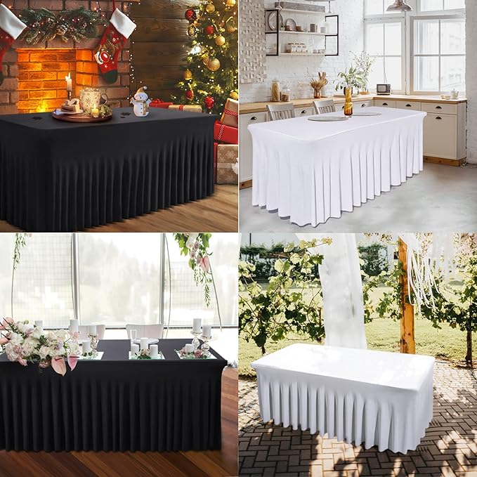Table Skirts for Rectangle Tables 6ft - 2 Pack One-Piece White Tablecloths and Skirt, Wrinkle Resistant Ruffles Elastic Cover for Banquets, Weddings, Events, Parties