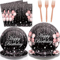 Chiazllta 96 Pcs Black & Rose Gold Party Paper Plate and Napkins - Pink Rose Gold Birthday Party Table Decoration Supplies - Pink Glitter Paper Plate Napkin Fork for 24 Guests