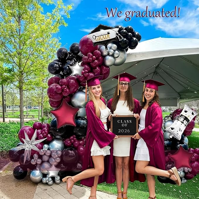 Black Maroon and Silver Balloon Garland Arch Kit 130+ Pieces with Maroon and Silver Stars, Graduation Certificate Graduation Cap GRAD Letters Mylar Balloons for 2026 Graduation Prom Decorations