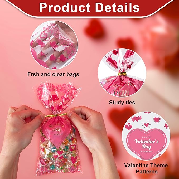 Aegero Valentines Cellophane Bags 120pcs Valentines Candy Bags with 140pcs Twists for Valentine's Candy Cookie Goodie Snack Bag for Valentines Day Wedding Party Favor Supplies,Classroom Parties Valentine04-LOVE and HEART