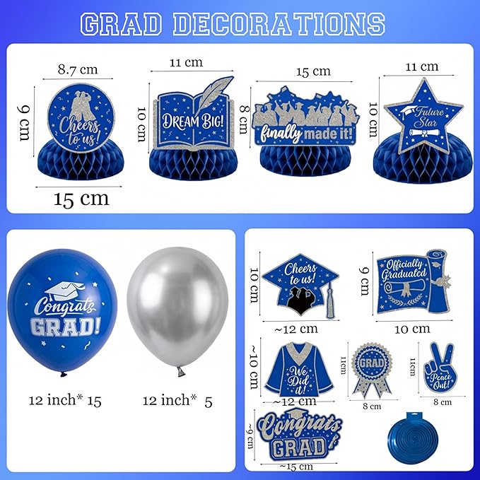 Royal blue silver Balloons GRAD Print Balloons with Banner Table Honeycomb Centerpieces Hanging Swirl backdrop Stars Graduation Cap GRAD Letters Mylar Balloons for 2026 graduate Prom Decorations