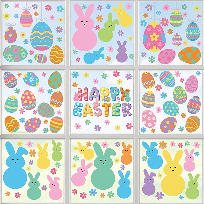 9 Sheets Easter Window Clings, 152PCS Double Sided Easter Party Clings for Glass Windows with Bunny Egg Flower, Reusable Happy Eggs Bunny Window Decals Stickers for Home Office Decorations