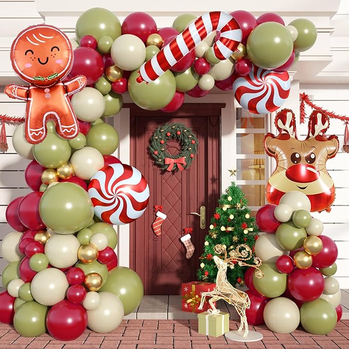 Christmas Balloon Garland Arch Kit, 103PCS Retro Green White Ruby Red Balloons Arch with Elk Head Candy Cane Foil Balloons, Gingerbread Man Windmill Foil Balloons for Christmas New Year Party Supply