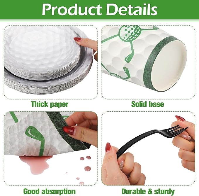 Kochorie 144 Pieces Golf Party Supplies, Sports Tableware Sets Including Disposable Paper Plates Napkins Cups Forks Serves 24 for Birthday Sports Golf Party Decorations