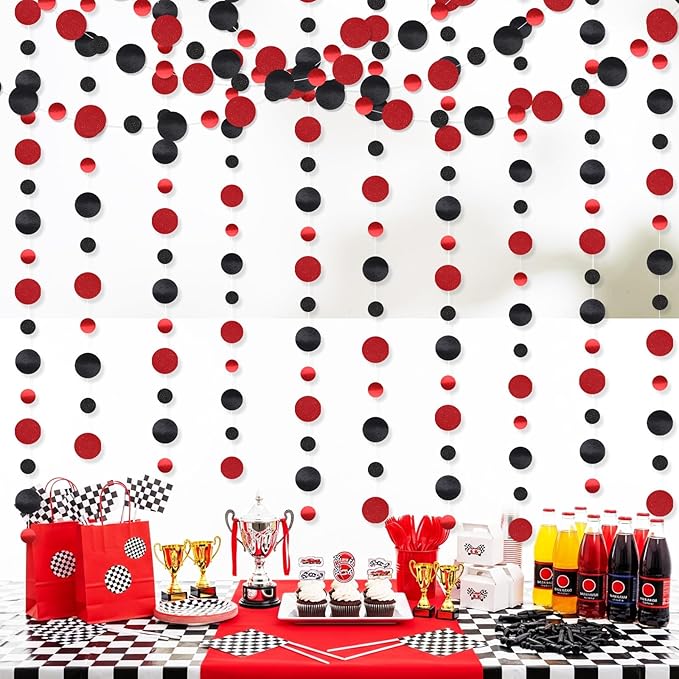 Outus 10 Pieces Black,Red Round Dots Garland Easter Graduation Party Hanging Decor Each Length 13.1ft Glitter Paper Dot Streamers for Birthday Wedding Classroom