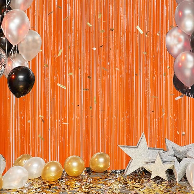 2 Pack Foil Fringe Backdrop - Orange Shiny Tinsel Curtains for Party Decoration/Photo Booth Props - 3.3x6.6 FT Metallic Foil Backdrop for Birthday, Wedding, Graduation, Christmas.