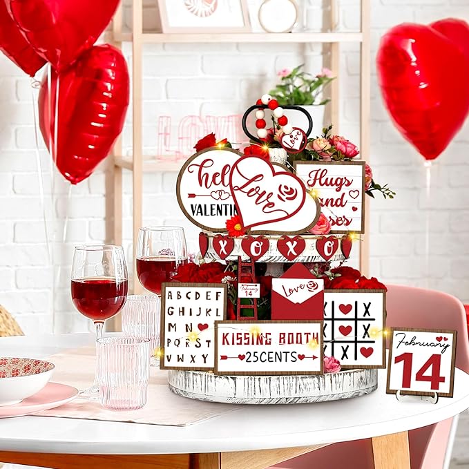 16 Pcs Valentine's Day Tiered Tray Decorations Set Valentine Heart Wood Sign Farmhouse Romantic Sweet Table Decor Love Theme Centerpieces for Kitchen Home Decor Wedding Party Gift