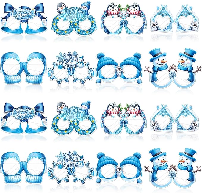 16Pcs Winter Party Glasses Frames, Funny Winter Paper Glasses Snowmen Snowflake Eyeglasses Photo Booth Props for Christmas Holiday Birthday New Year Party Supplies