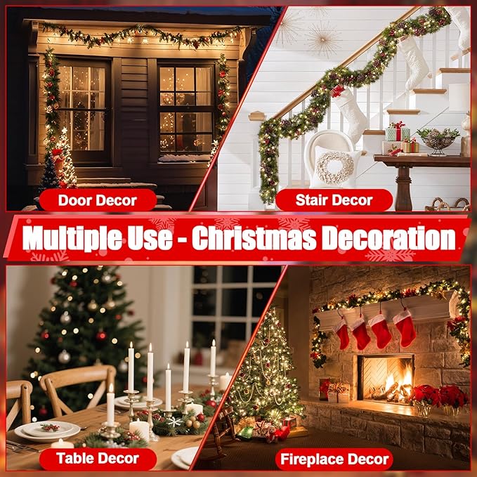 250FT Christmas Greenery Garland for Holiday Indoor Outdoor Decor, Non-Lit Soft Artificial Twist Garland with Red Bows Balls, Home Artificial Greenery for Christmas Wedding Party Decorations