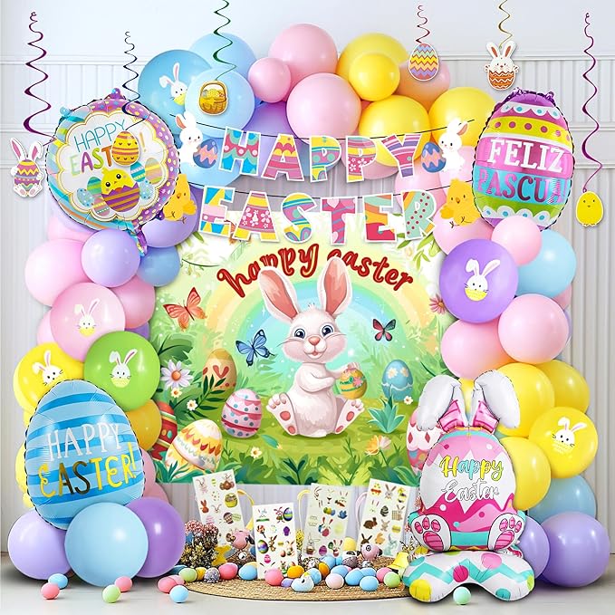 Party Spot! 101 PCS 2026 Easter Party Decorations Set, Easter Party Supplies, Easter Balloon Arch Garland Kit, Happy Easter Backdrop, Banner, Easter Egg Balloon, and Hanging Swirls
