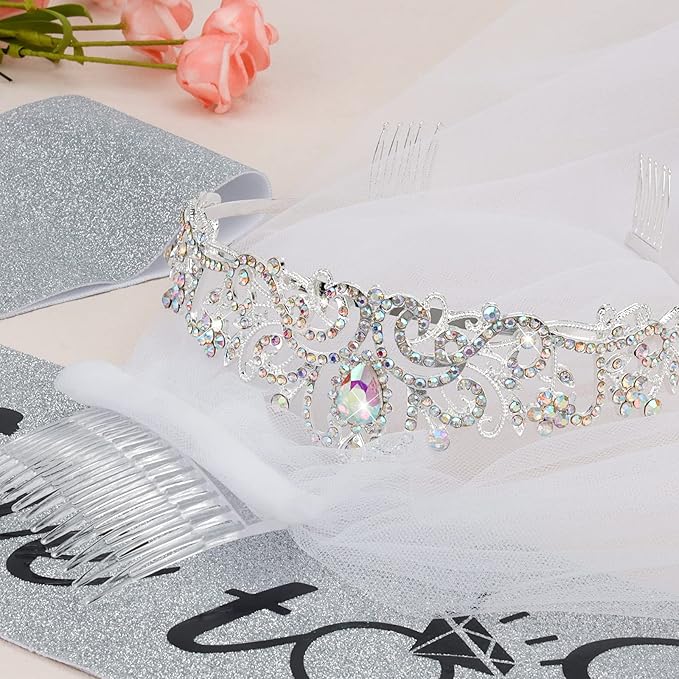 CIEHER Crystal Crown + Bride To Be Sash + Veil Set, Bachelorette Party Favors Bridal Shower Decorations
