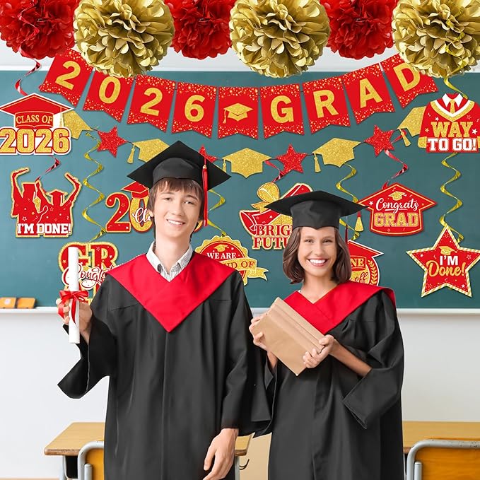 Red and Gold Graduation Decorations, 2026 Grad Banner and Congrats Grad Hanging Swirls, Red and Gold Graduation Banner Graduations Hanging Swirls College Graduations Party Decorations Class of 2026