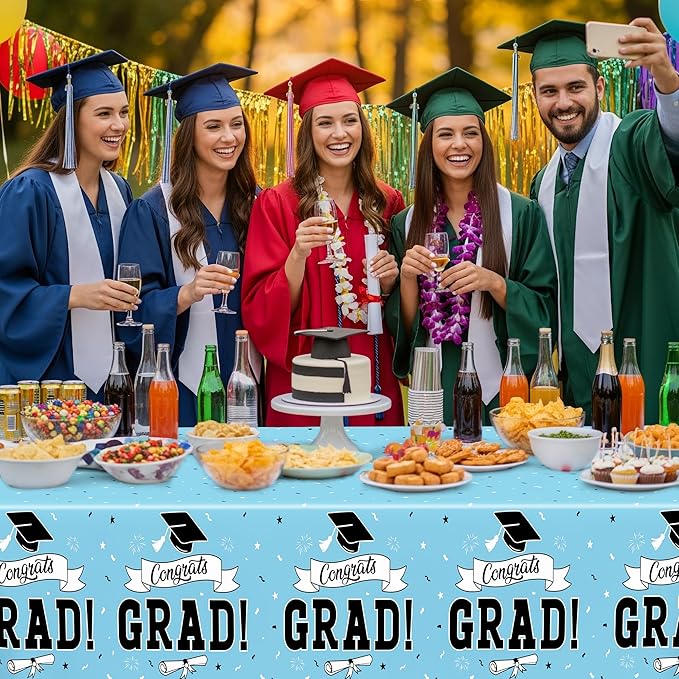 2Pcs Graduation Tablecloths, 108" X 54" Skyblue Graduation Table Decorations 2026, Rectangle Table Cloths for Class 2026 Congrats Grad, Disposable Plastic Tablecover for Grad Decor Party Supplies