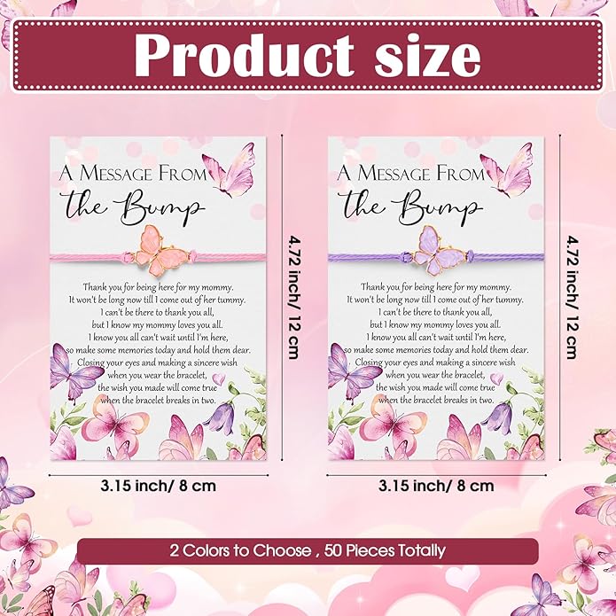 Ferreve Baby Shower Favors for Guests Bulk, 50 Pack Butterfly Wish Bracelets with “A Message from the Bump” Cards, Baby Shower Party Favors for Gender Reveal