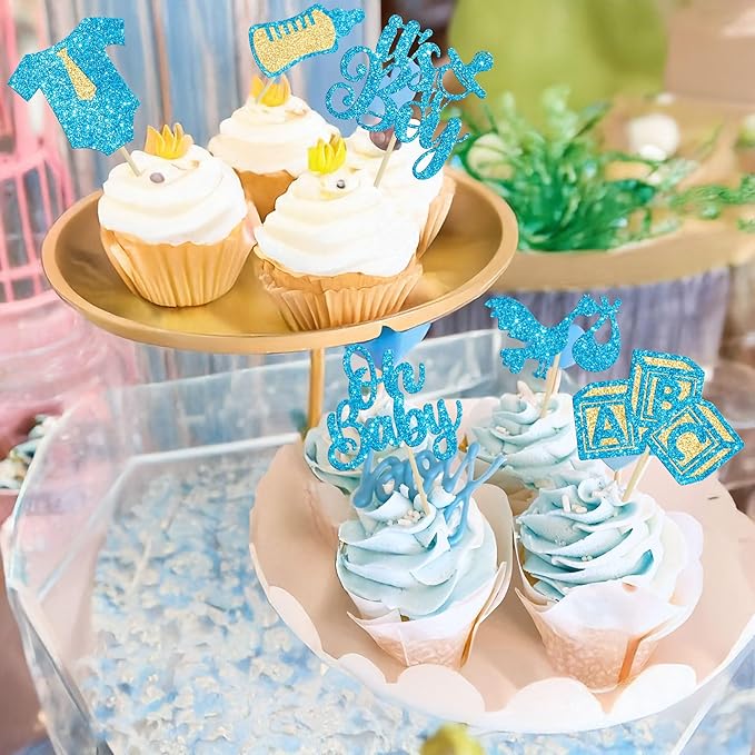 Gyufise 24Pcs Baby Shower Oh Baby Cupcake Toppers It's a Boy Cupcake Picks Glitter Tie Onesie Baby Bottle Cake Picks Decorations for Gender Reveal Baby Shower Boys Birthday Party Supplies Blue