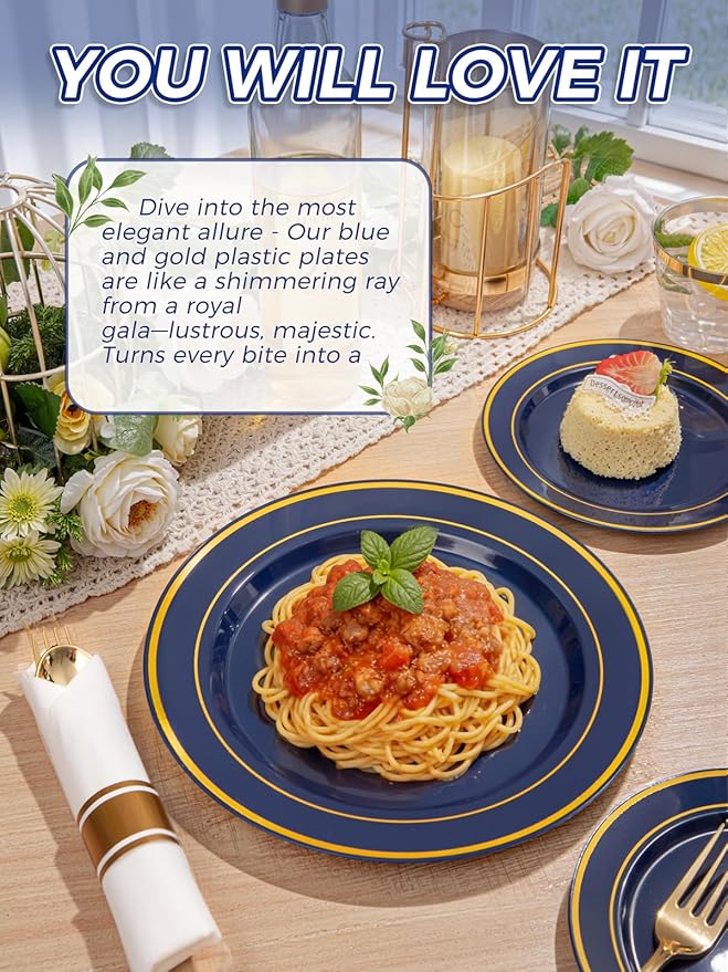 350PCS Navy Blue and Gold Plastic Plates with Rolled Napkins Include Dinner Plate 10’’, Dessert Plate 7’’, gold Cups 9 OZ, Pre Rolled Napkins for Passover/Birthday/Wedding/Easter